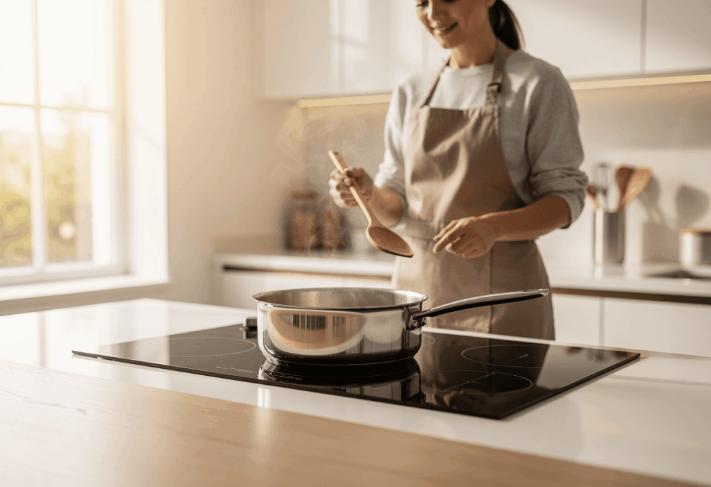 une personne utulisant sa sa casserole induction