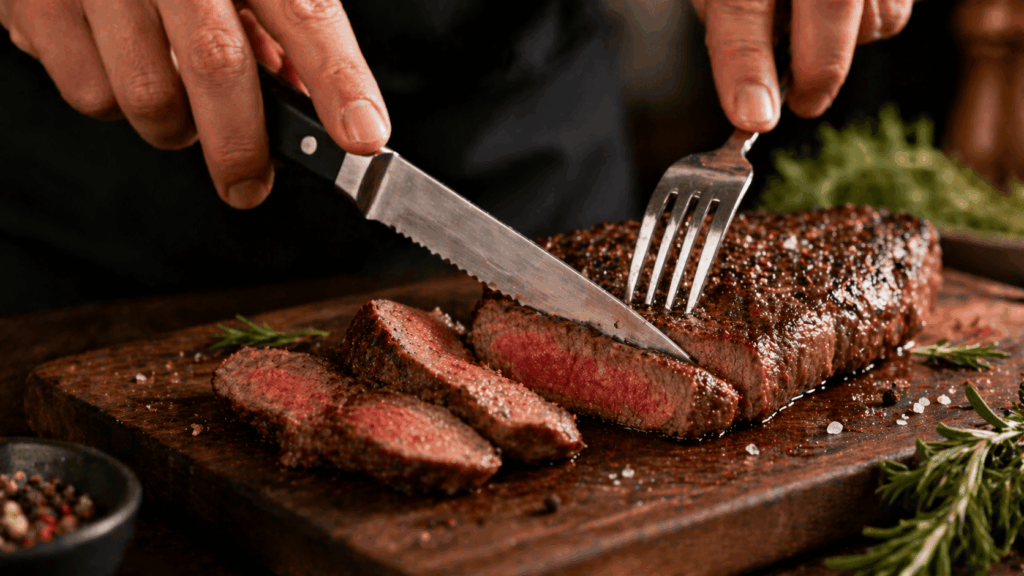 une personne utulisant son couteaux à steak pour couper la viande