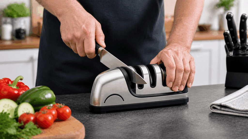 Affûtage du couteau dans cuisine moderne