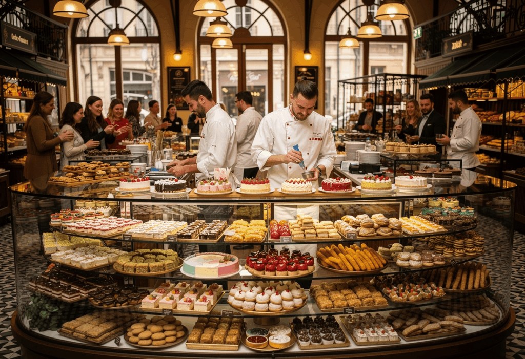 Marché ou pâtisserie internationale animée
