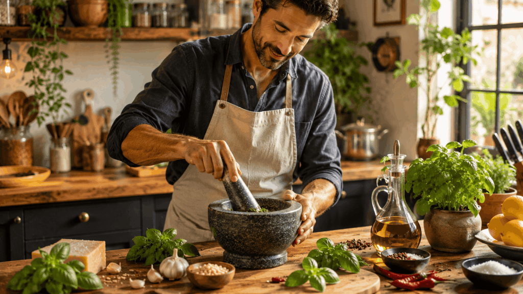 un cuisinier entrain d'utuliser son mortier cuisine