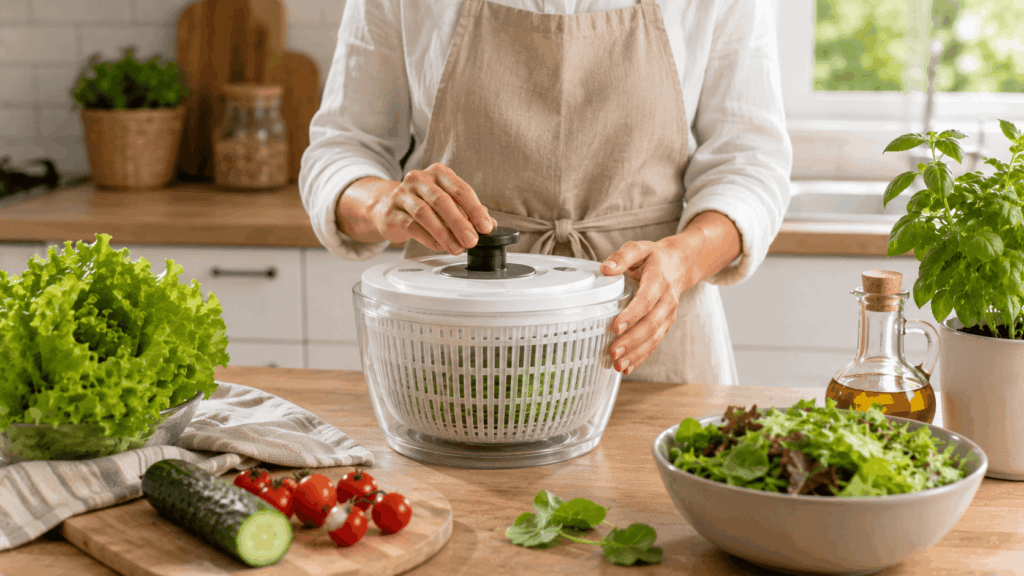 une femme entrain d'utuliser son essoreuse à salade