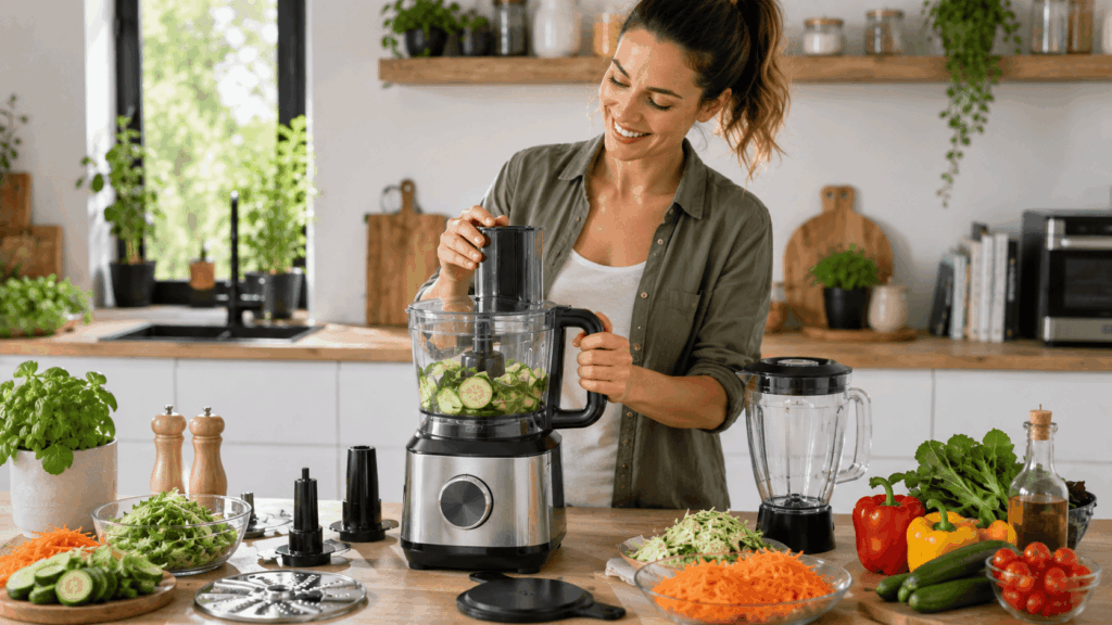 une femme utulisant son robot multifonction sans cuisson