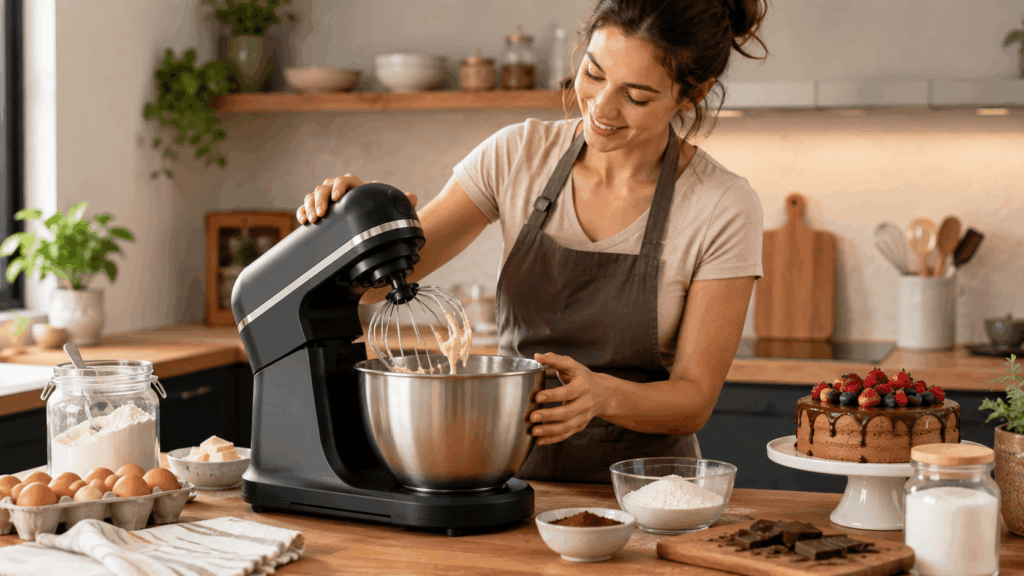 une femme utulisant son robot pâtissier pas cher