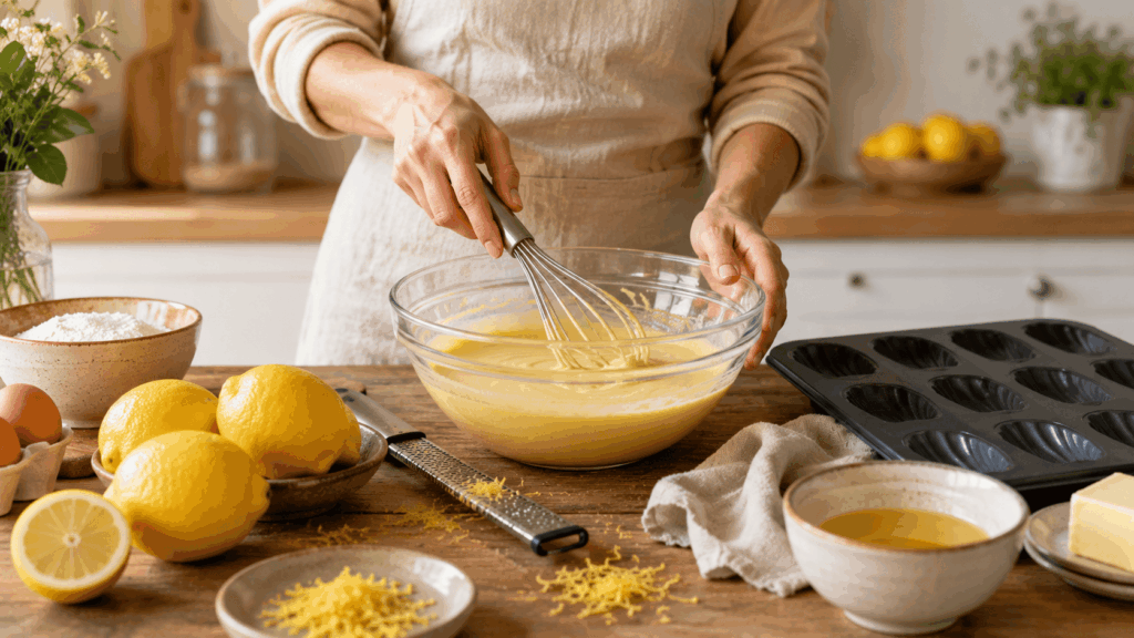 Préparation de la pâte à madeleines au citron