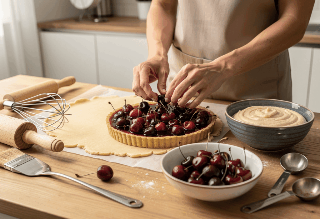 Préparation d'une tarte aux cerises maison