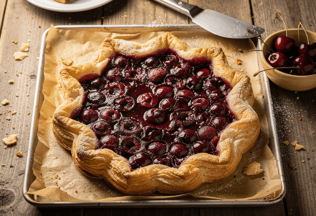 Tarte feuilletée aux cerises fraîchement sortie du four