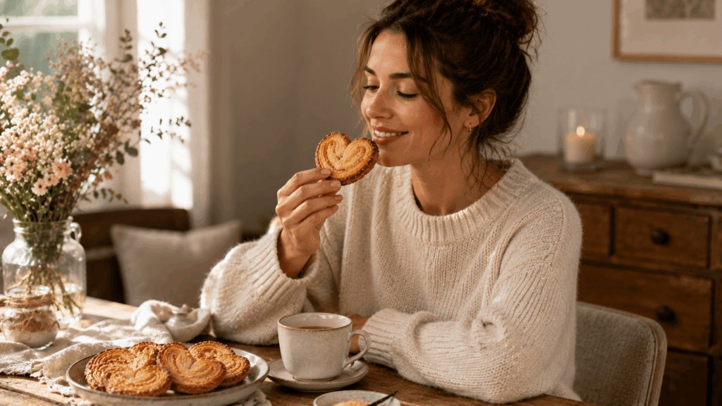 personne souriante dégustant un palmier à la vanille