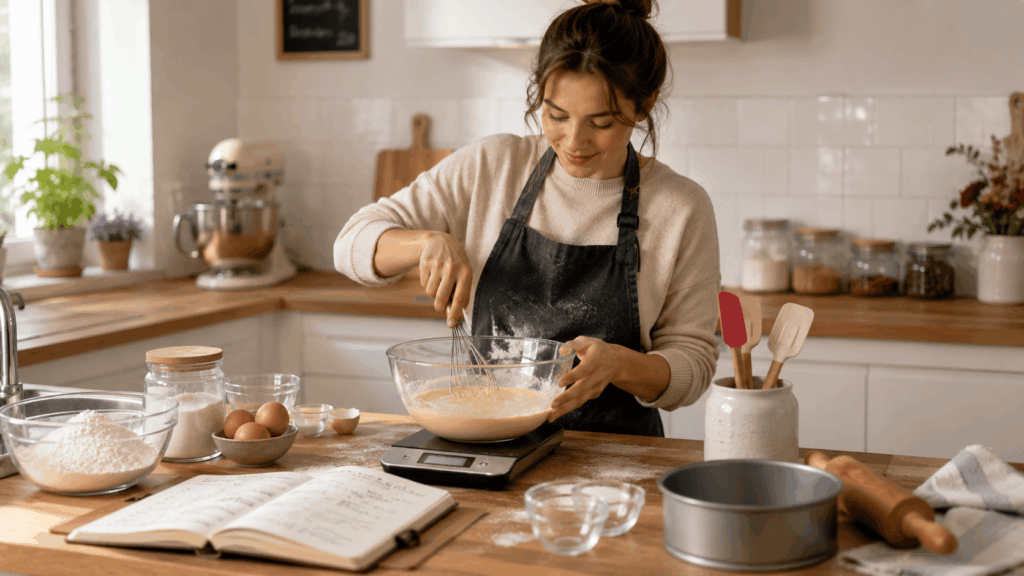 une personne débutante en pâtisserie préparant un gâteau dans une cuisine