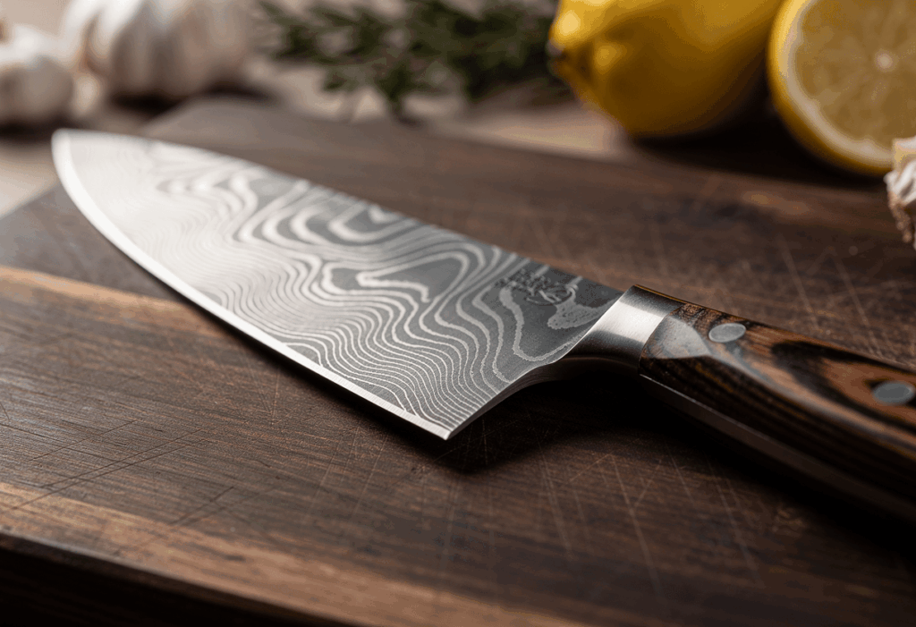 Un couteau de cuisine à lame damas posé sur une planche en bois